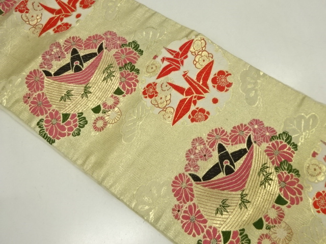 JAPANESE KIMONO / ANTIQUE NAGOYA OBI / WOVEN ORIGAMI CRANE & FLOWER